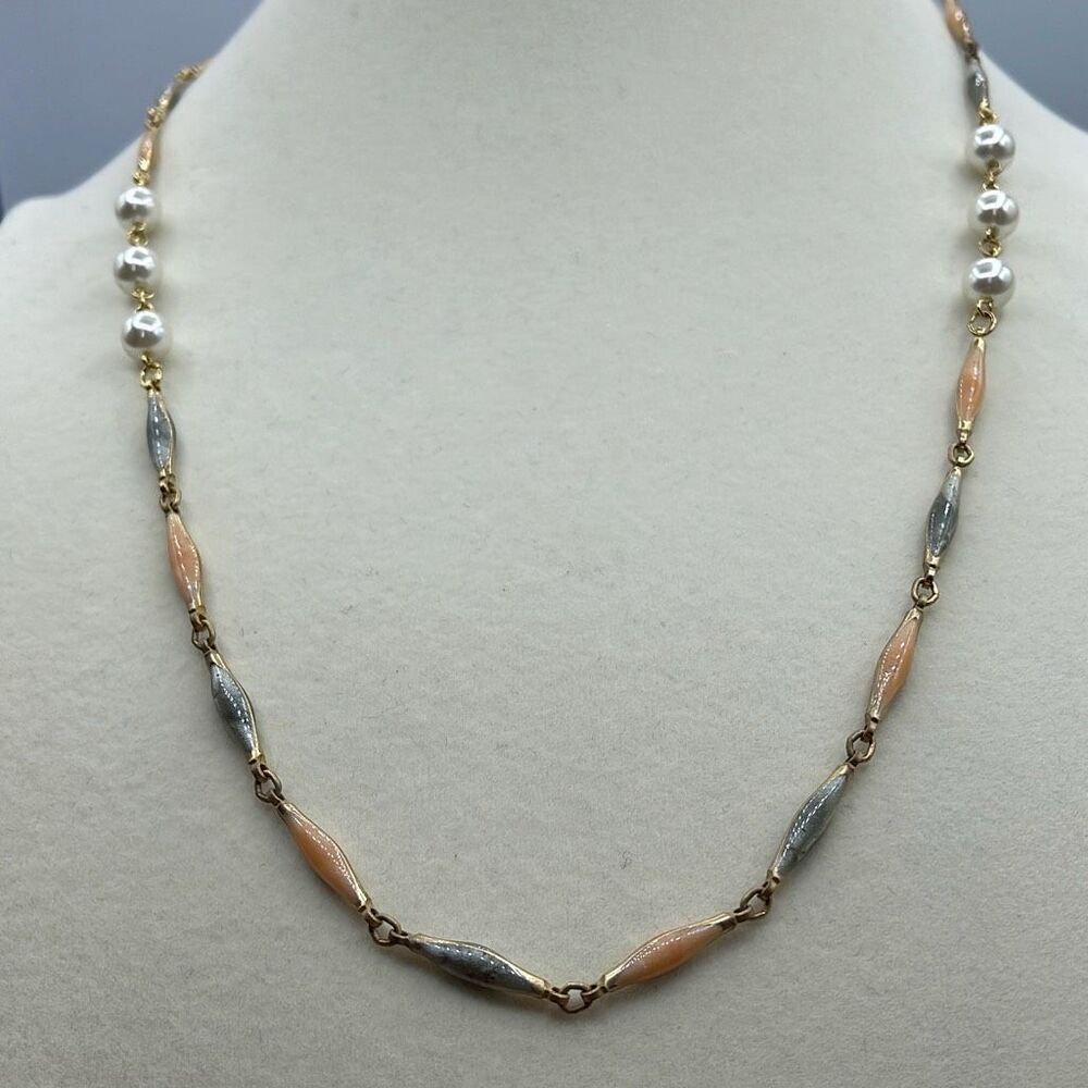Vintage enameled metal and faux pearl chain necklace 24” long.